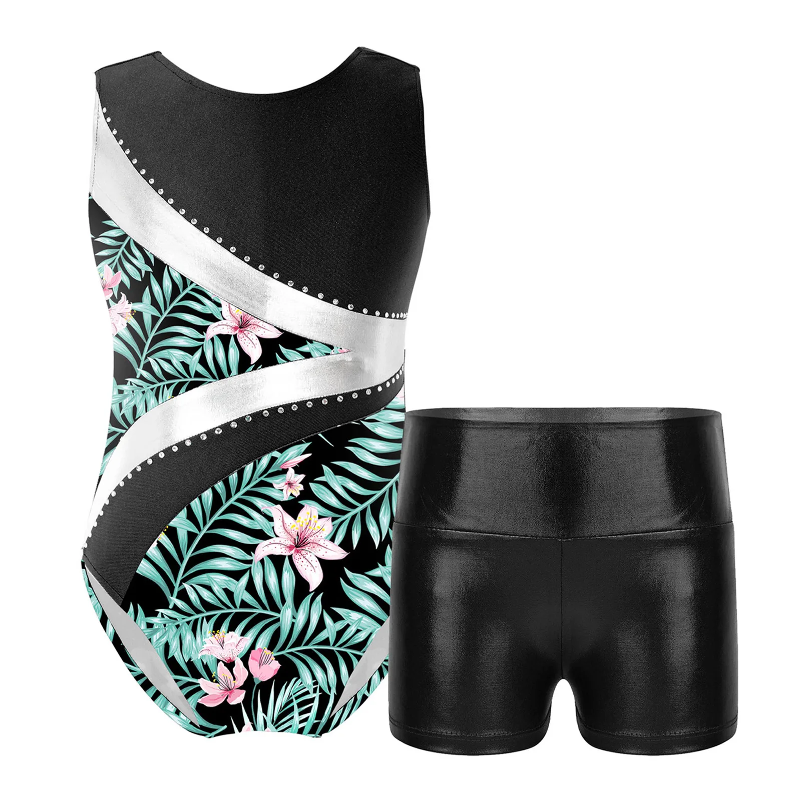 

Kids Girls Ballet Dance Costume Sleeveless Rhinestones Printed Patchwork Leotard+Metallic Shorts Set for Gymnastics Performance