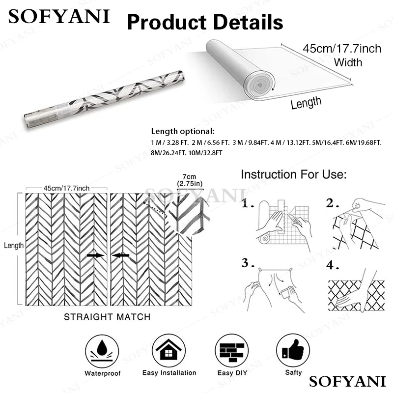 Boho Peel and Stick Wallpaper Stripe Herringbone Black White Vinyl Self Adhesive Room Decor Contact Paper 45cm wide