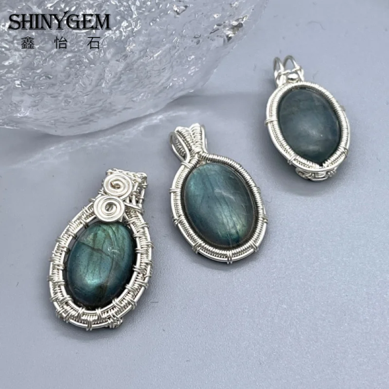 SHINYGEM Platinum Plated Copper Wire Baroque Hand-Made Coil Natural Labradorite Stone Pendant Necklace Women Party Jewelry Gift