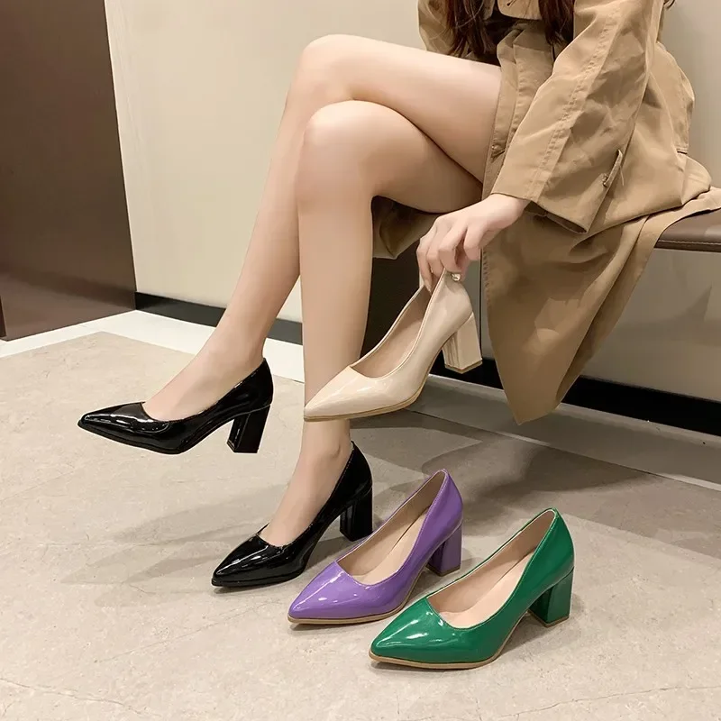 Autumn Shallow Basic Women's High Heels Solid Casual Shoes Ladies Fashion Office Slip-on Pumps Pointed Toe Square Heels Women