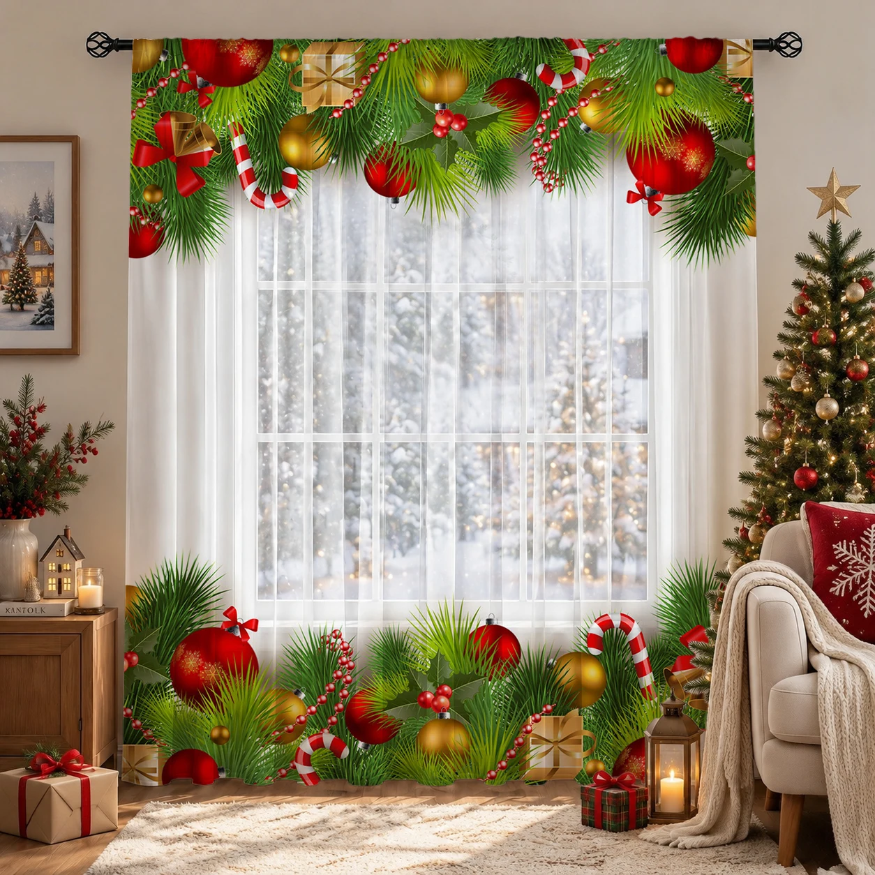 Christmas Gradient Sheer Curtain, Good Quality Light Reducing Privacy Voile For Living/Bedroom/Kids Room,Christmas's Day Gift