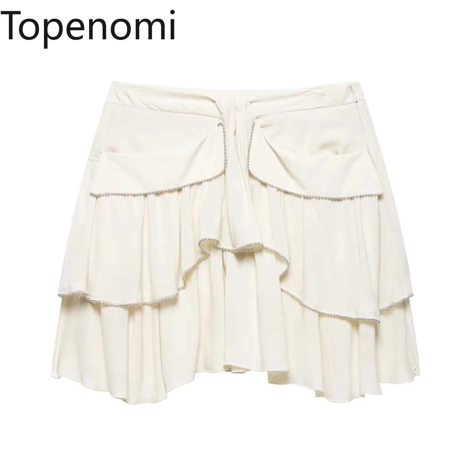 

Topenomi Chic Layered Ruffle Beaded Mini Skirt Women Summer Fashion High Waisted Irregular Pleated Skirts Fairy Falda Sexy Mujer