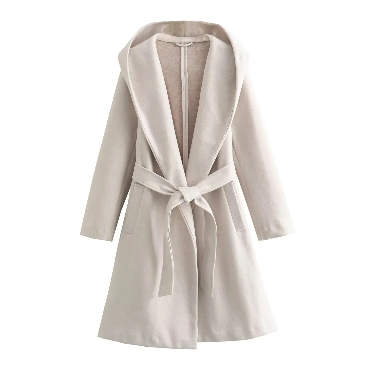 Women Woolen Trench Jacket Causal Outerwear Winter Hooded Lapel Collar Tide Bow Sashes Midi Long Coat Keep Warm Loose