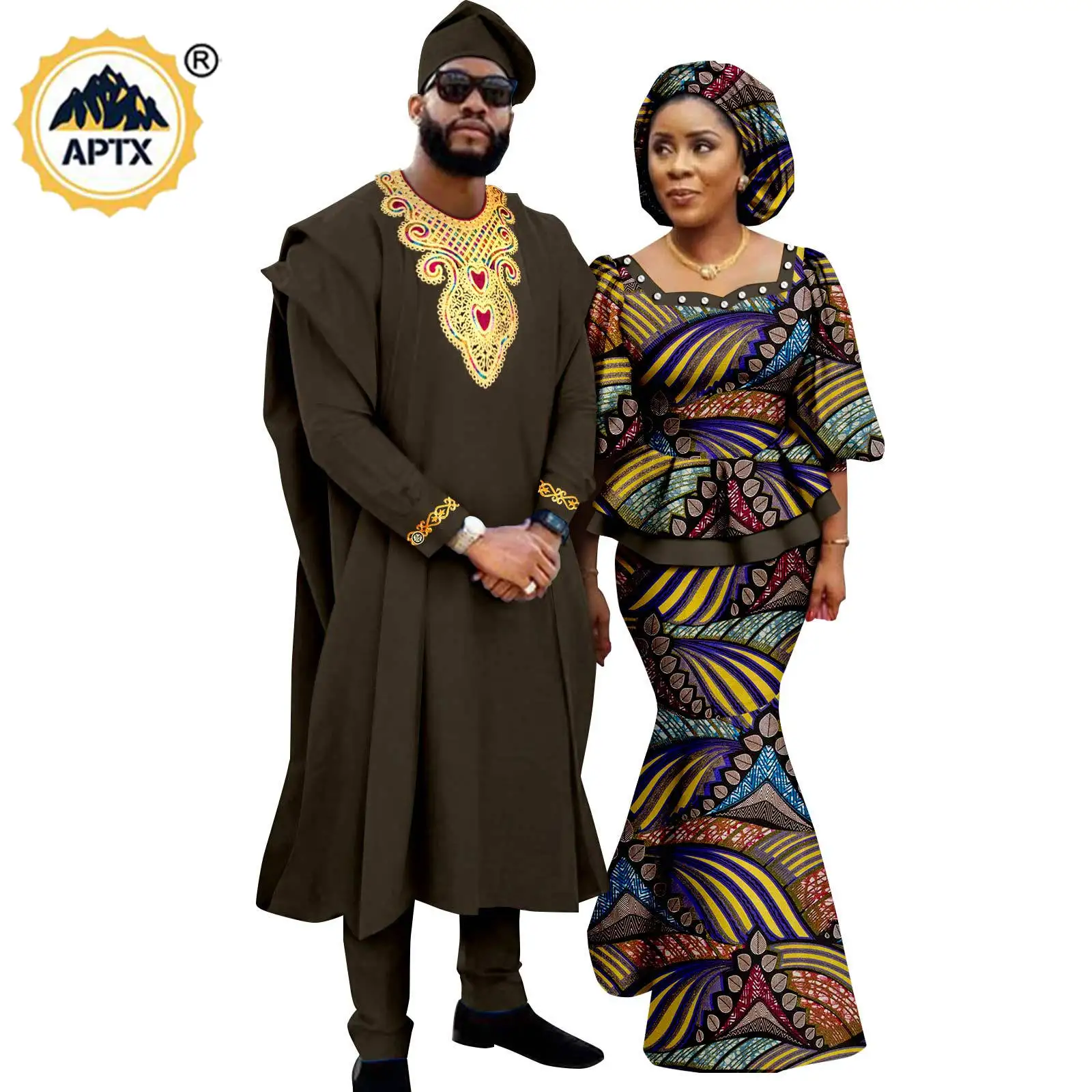 

African Clothes for Couples Matching Outfits Metallic Women Print Top and Skirt Bazin Riche Men Agbada 4 Pieces Sets Y23C060