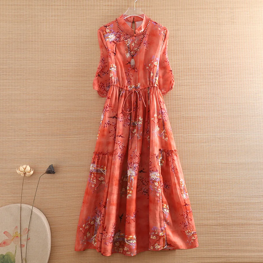 

High-end Spring Autumn Women Ramie Cheongsam Dress Retro Elegant Print Half Sleeve A-line Lady Party Qiapao Dress S-XXL