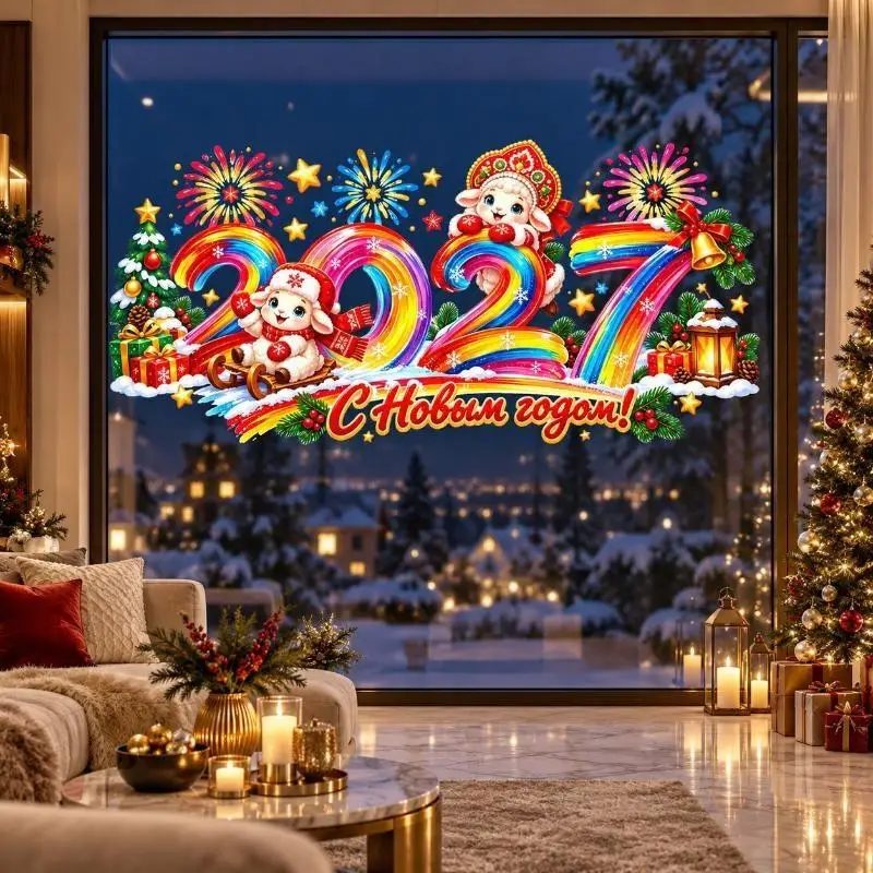 2027 Russian New Year Window Stickers Colorful Firework Rainbow Sheep Glass Decals Home Shop Window Decor
