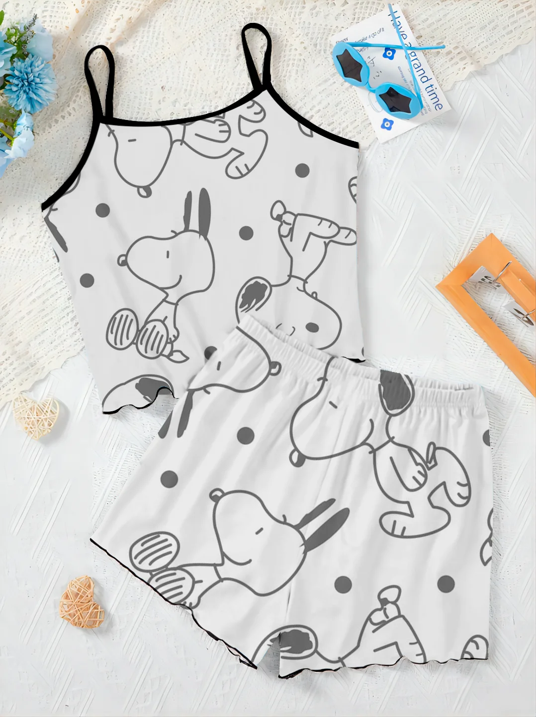 Slip Kleid Luxus elegante Frauen Sets Top Pyjama Rock T-Shirt Snoopy Salat Trim Stücke kurze Anzug Hosen Set Frau Chic Home