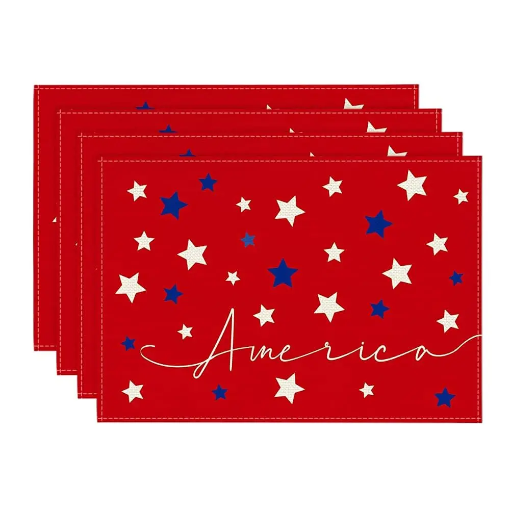 

Red Blue Stars America Patriotic 4th of July Placemats, 12 x 18 Inch Seasonal Holiday Table Mats for Party Dining Table Decor