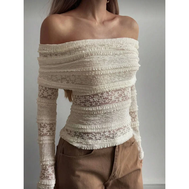 

Spring Summer Women'S Fashion Hollow Lace Top, Off-Shoulder Casual Vacation Street Style Top, Long Sleeve-Shirt