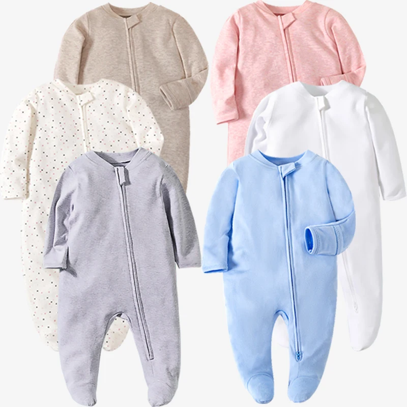 Zipper Girl and Boy Romper Long Sleeve Jumpsuit Cotton Solid White Fashion 0-12 Months Baby Clothes Newborn Footed Pajamas