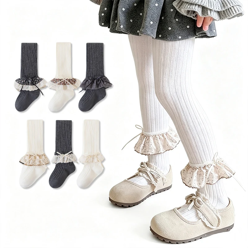 3 PCS Toddler Girls Tights Vintage Lace Ruffle Bowknot Kids Girls Pantyhose Soft Cotton Kids Princess Stockings For Girls