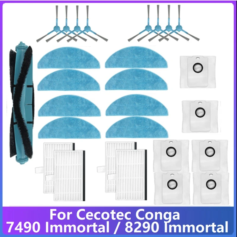 Cecotec Conga 7490 불멸의 8290 진공 부품 액세서리 키트, 메인 사이드 브러시 필터 걸레 천 먼지 봉투