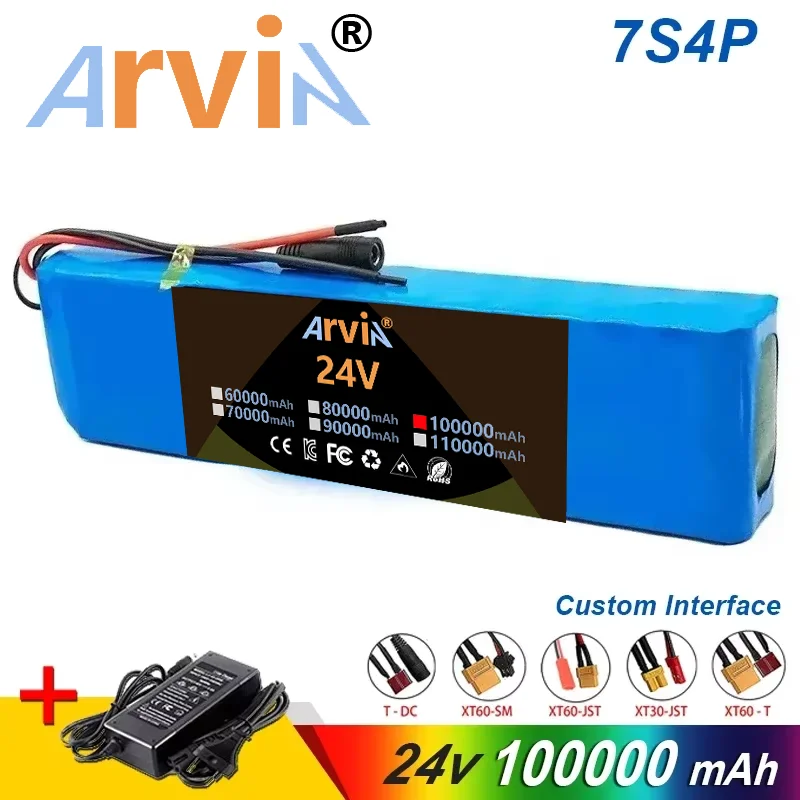 24V 7S4P Rechargeable Lithium 18650 Battery 100Ah Ion Battery Pack for Electric Bicycle Moped Scooter Batteries+29.4V Charger