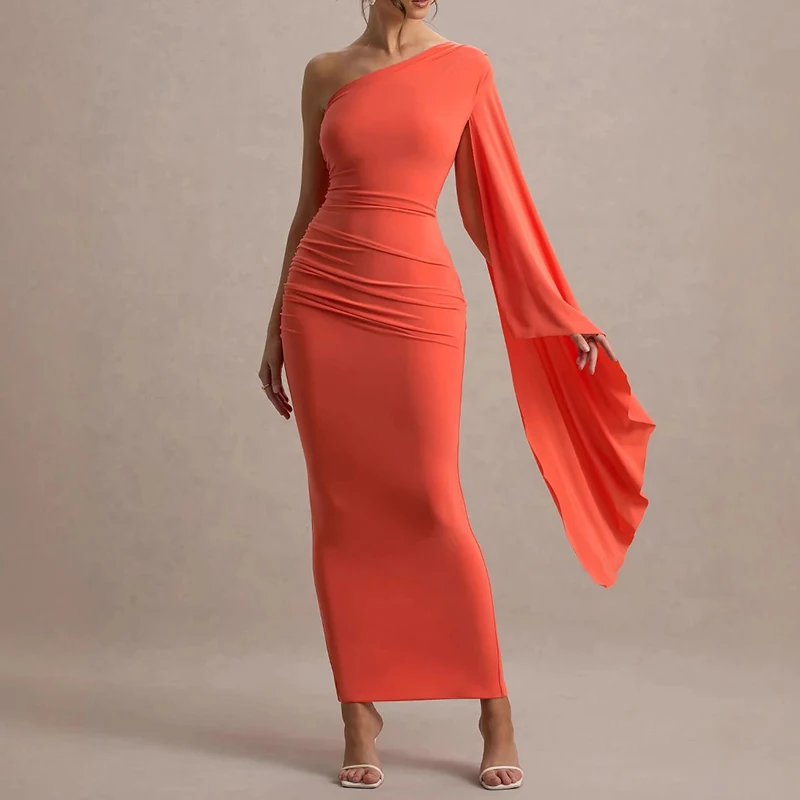 Vestido de fiesta plisado con estampado de patrón a la moda para mujer, vestido bohemio ajustado de cintura alta elegante, vestido Sexy ajustado con manga de murciélago y cuello inclinado