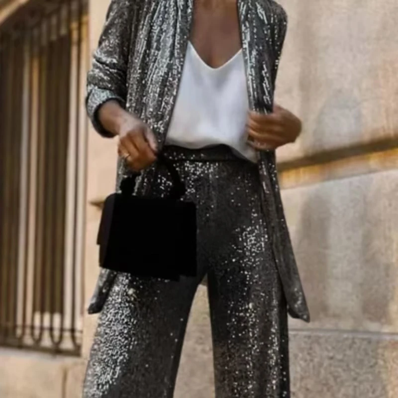 Monochrome Sequin Suit with Beads and Small Lapel, Fashionable Temperament Suits, Medium Long-Sleeved