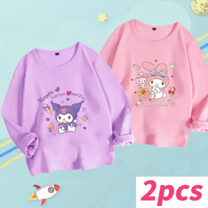 2 Pieces/set Sanrioed Kuromi Girls Long Sleeve Kawaii Cotton T-Shirt Cartoon Anime Spring Autumn Children's Clothing Kids Tops