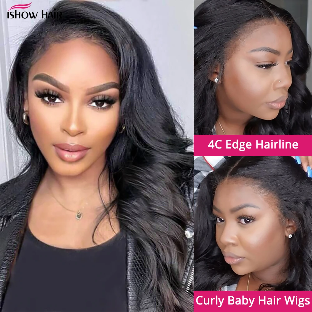 Ishow 4C Body Wave Edges Baby Hair 4x4 Lace Closure Wigs 13x4 13x6 Lace Front Human Hair Wigs Kinky Edges Natural Hairline Wig