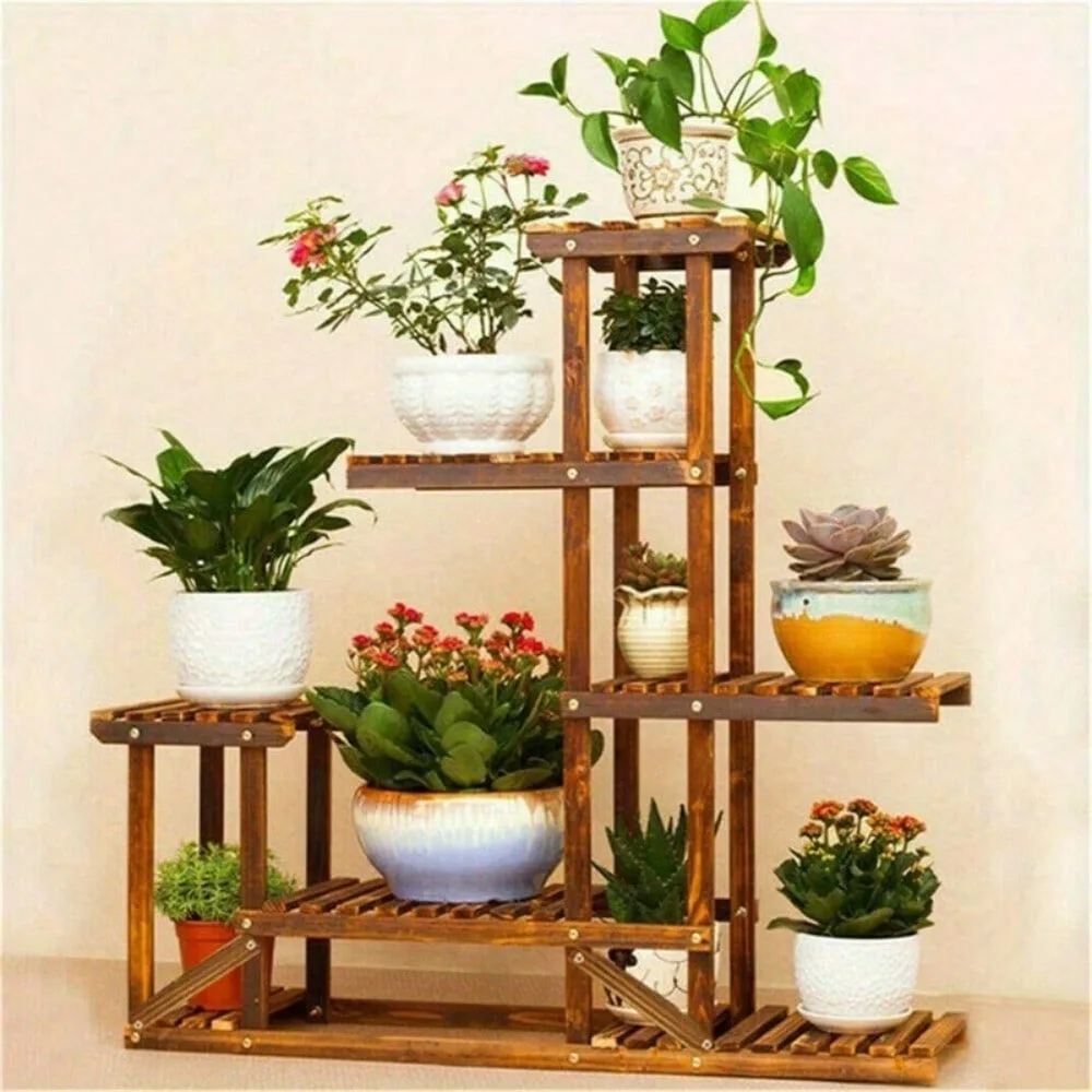 6 Tier Anti-Corrosion Wood Plant Stand Flower Multi Shelf Indoor Outdoor Garden