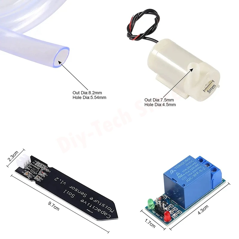 Automatic Irrigation DIY Kit, Capacitive Soil Moisture Sensor, 1 Channel 5V Relay Module, Water Pump, Vinyl Tubing for Arduino