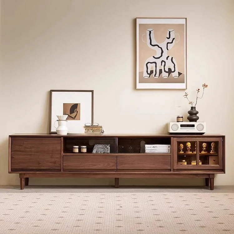 خزانة تلفزيون من خشب البلوط الجوز الأسود، خزانة تلفزيون بسيطة من الخشب الصلب بالكامل، خزانة صوتية وبصرية لغرفة المعيشة المنزلية #3