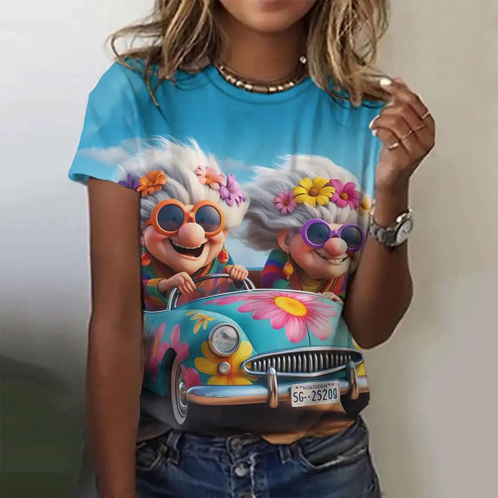 

Cartoon Casual Top Summer Round Neck Loose Short Sleeved Women's T-Shirt 3d Printed Crazy Old Lady Pattern Pullover