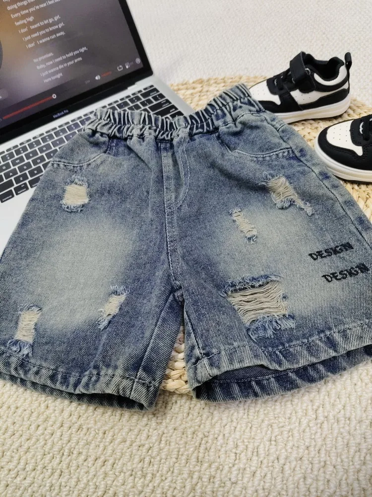 Summer Boys Denim Shorts Letters Embroidery Shorts For Kids 2-10 Years Children Ripped Hole Pants Toddler Clothing