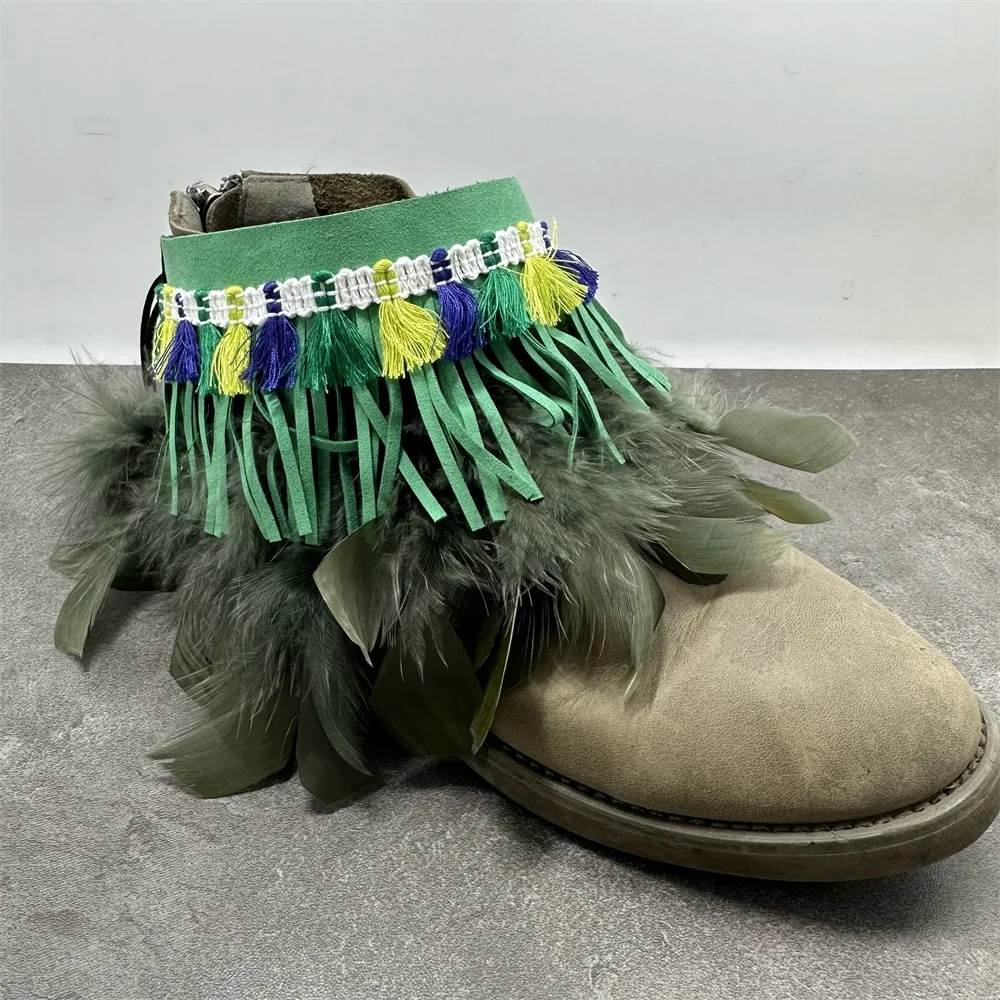 

Богемные искусственные перьевые шнурки, пряжка, кисточка для обуви, очаровательные аксессуары, зеленые кожаные женские шнурки для обуви, декоративные