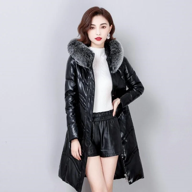 Winter Women Warm Sheepskin White Duck Down Jacket Hood Puffer Coat Fox Fur Collar Thick Luxury Outerwear real Leather Coats