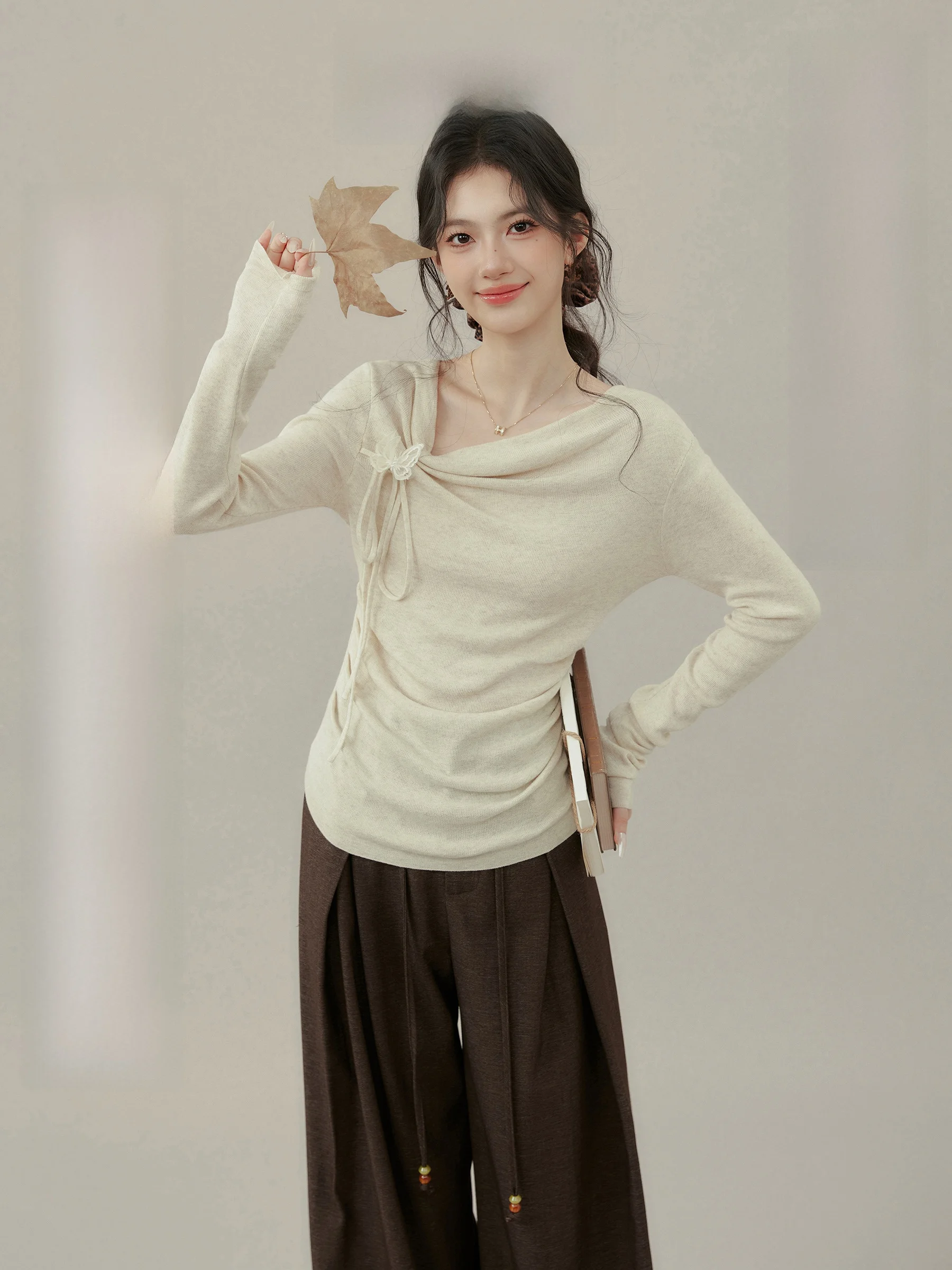 

Уникальный красивый асимметричный трикотаж oulder Baring Long Sve, женский топ ранней осени Faion Nordic Harbor Sle