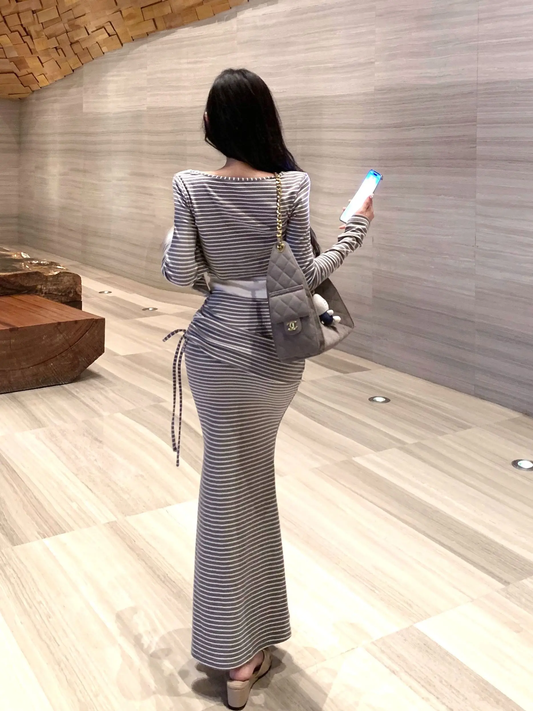 Slim Fit Striped Open Cardigan Women's Fashion Set with Wrap Skirt Long Dress Three Piece Suite Warmth Conservation Casual Wear