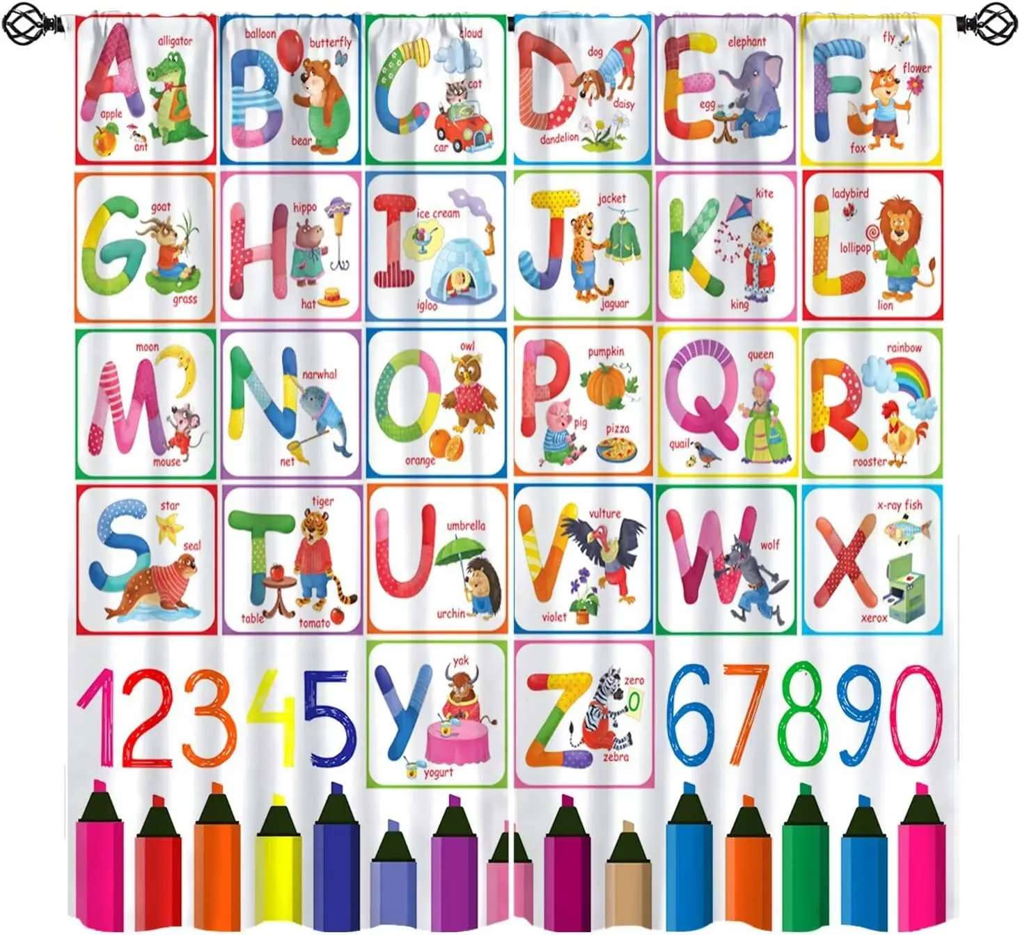 Alphabet ABC Curtains, Cute Number Education Learning Window Treatments Cartoon Animal Alphabet Tools Drapes for Kids Girls Boys