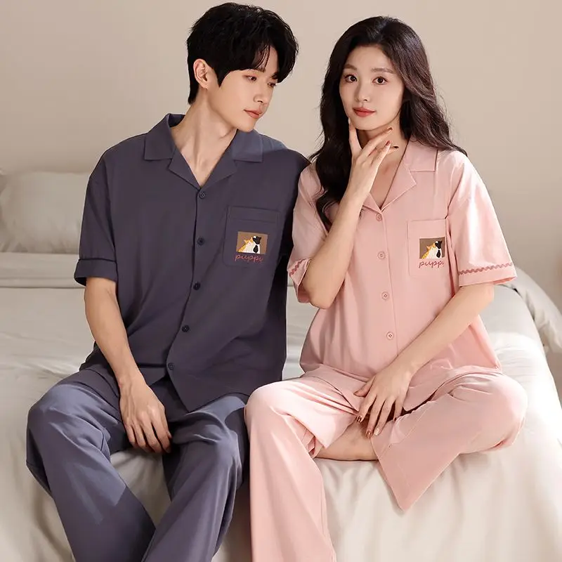 2026 Summer Couple Short Sleeve Long Pants 100% Cotton Pajama Sets for Men Korean Loose Sleepwear Pyjama Women Homewear Clothes