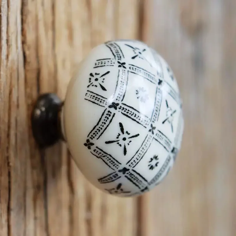 

Decorative Ceramic Cabinet Knob, White with Black Pattern,Round Pull Handle, Solid Construction with Mounting Screw