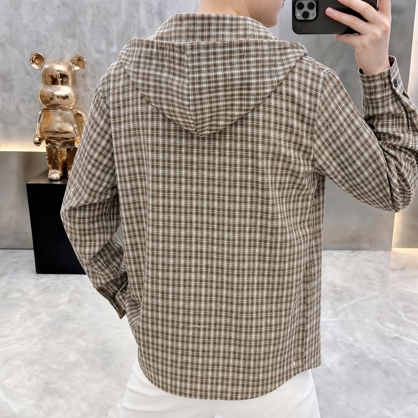 High-Quality Fashionable Casual Hooded Plaid Shirt Men's Spring Autumn Loose Retro Grid Long Sleeve Jacket