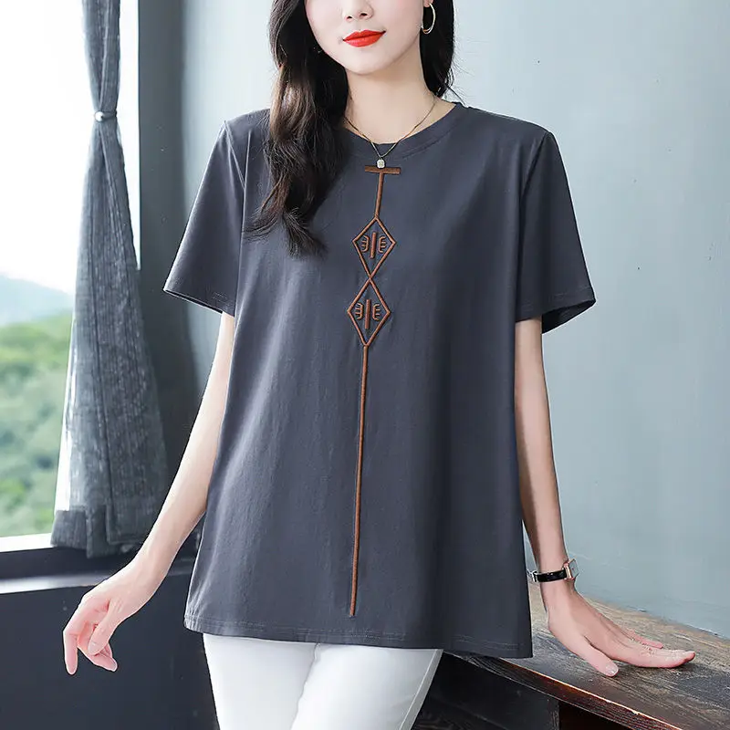 Women Summer Simplicity Fashion Loose Embroidered All-match Cotton O-neck Short Sleeve T-Shirt Ladies Elegant Appear Thin Tops