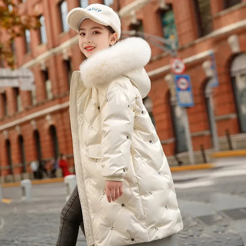 Down Jacket with Fur Collar for Girls Mid-length Fashion New Snowsuit Teenager Bright Print Tops Winter Thick Warm Coat 4-14 Yrs