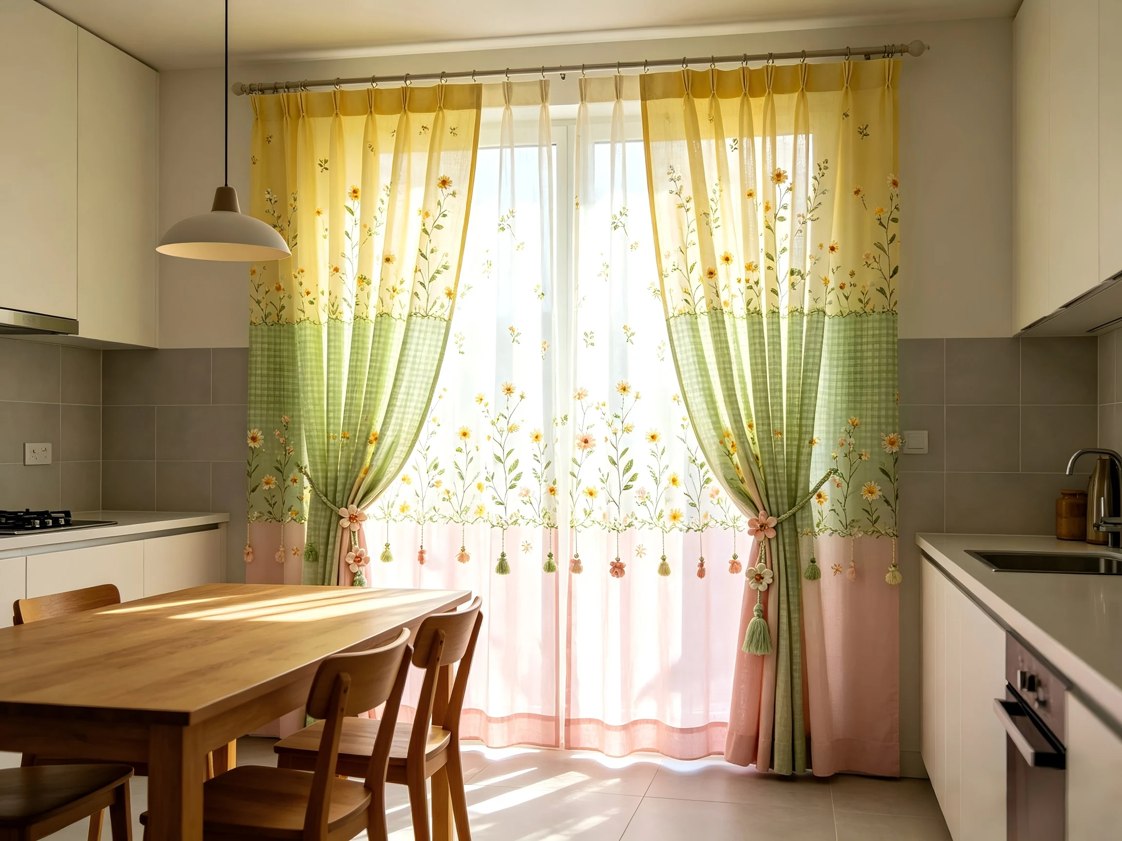 200283  Spring Flower Green Color blocked Curtains