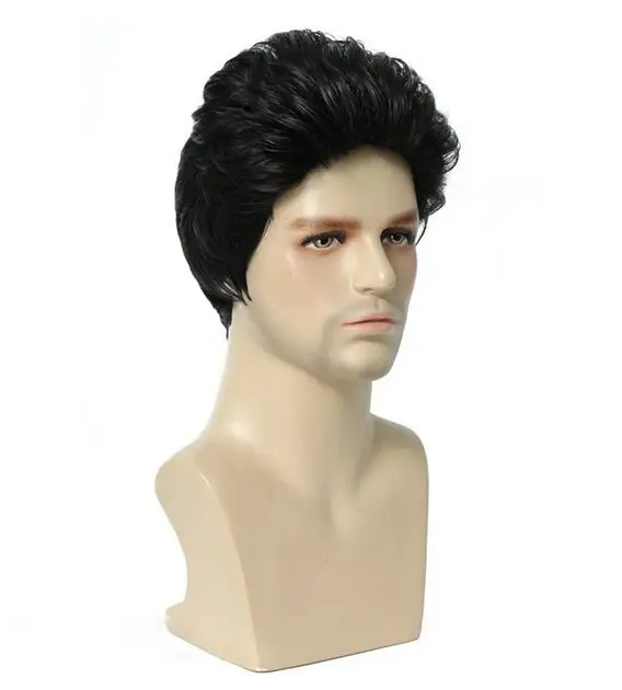 Peruca sintética reta curta para homem, cabelo preto natural, resistente ao calor, festa diária, cosplay