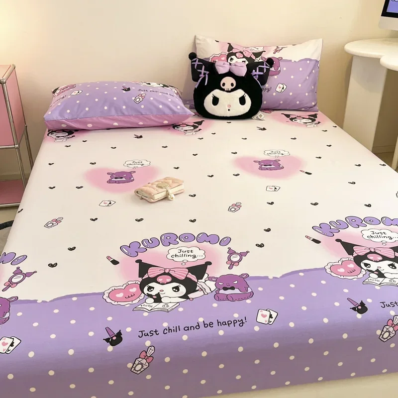 Sanrio Kuromi Pure Cotton Fitted Sheet Three-piece Set Cute Cinnamoroll Cotton Bed Cover Fully Surrounded Mattress Protector