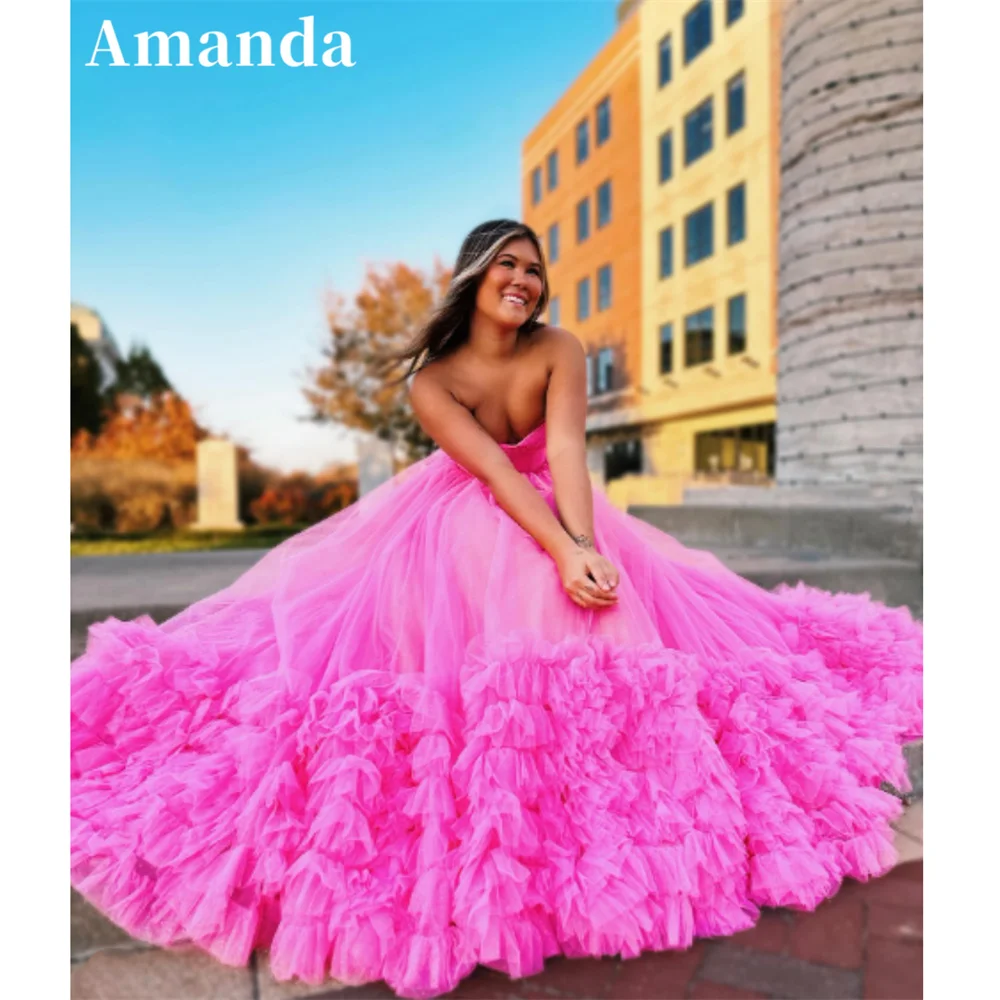 

Amanda Strapless Hot Pink Evening Dress Princess Puffy A-line Party Dress 2024 Tulle Sweep Tail Multilayer فساتين مناسبة رسمية