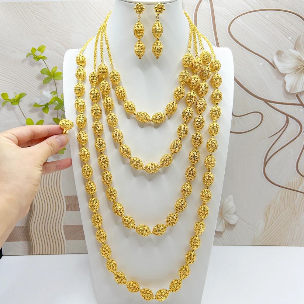 

Luxury Women Long Necklace Earrings Ring Set African Classic Gold Color Bead Jewelry Sets Necklace Earrings Jewelry Lady Daily