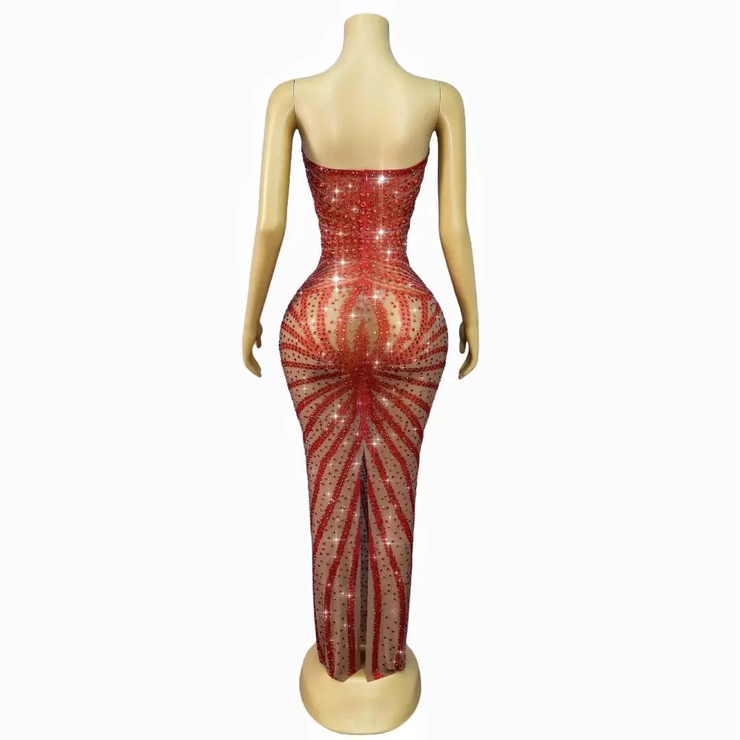 Shuixiu Red Diamond Embellished Strapless Evening Gown Sexy Mesh Hip-Hugging Skirt for Celebrity Dancer Bar Evening Wear