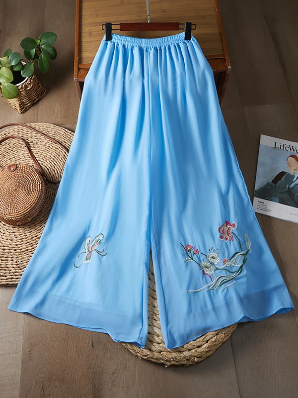 Retro Artistic Double Layer Long Pearl Shantung Embroidered Wide Leg Pants High Waist Buddhist Style Tang Suit Skirt Pants