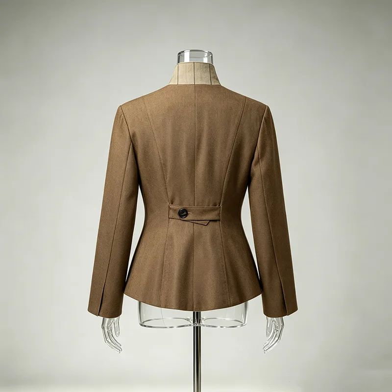 HKSH Women Blazer High-end Color-blocked Plaid Stand Collar Patchwork Waist Cinching Single Breasted Slim Fit Suit-Coat HK28176