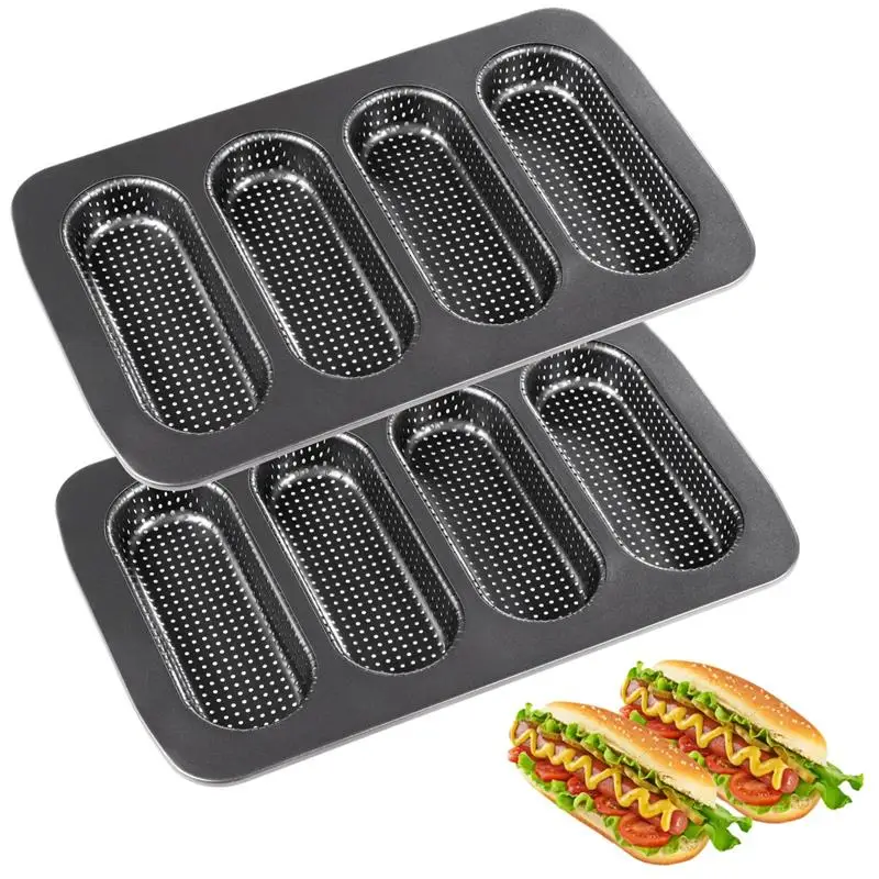 2Pcs Hot Dog Bun Pans Set Perforated Holes Carbon Steel Hotdog Bun Molds Bread Forms Crispy Mini Baguette Sandwich Baking Trays