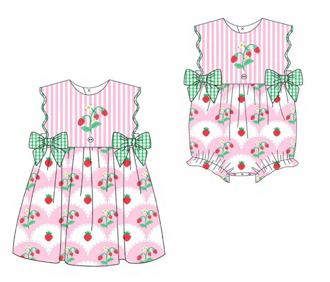 Summer Comfortable 2pc Set for Newborn Baby Girls Soft Strawberry Bows Top with Ruffle Shorts Custom Print