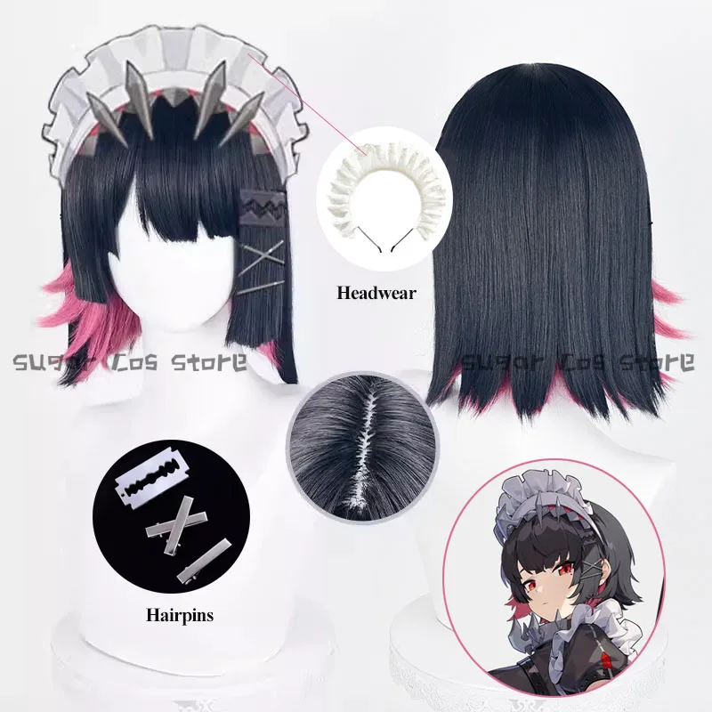 Game Zenless Zone Zero Ellen Joe Peruca Cosplay para Homens e Mulheres, Preto, Vermelho Escuro, Mix Curto, Cabelo Sintético, Headwear Halloween, 30cm