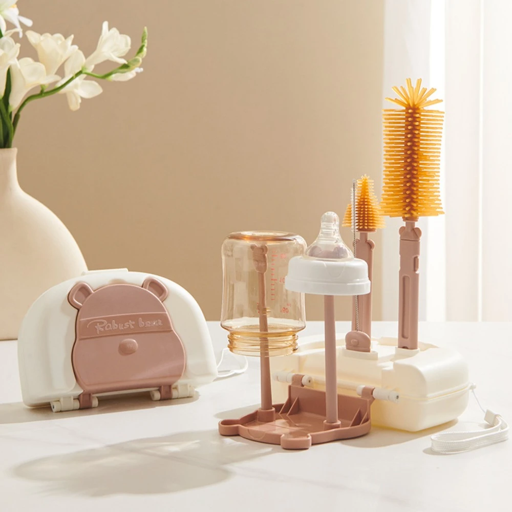 Multifunctional Bottle Cleaning Brush Set Bear 8 in 1 Glass Cup Washing Brush Storage Drain Rack Silicone Baby Bottle Brush Kit