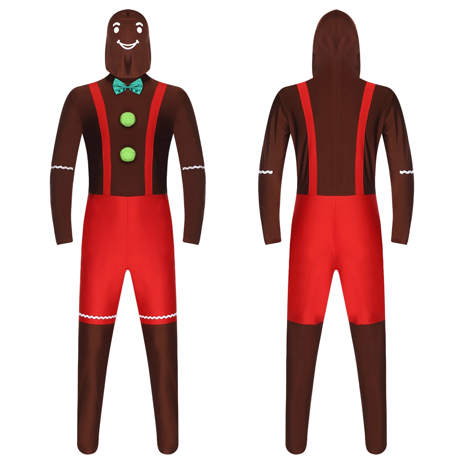 

Men Christmas Gingerbread Costume Hooded Jumpsuit Gingerbread Man Dress-up Zipper Contrast Color Full Bodysuit for Holiday Party