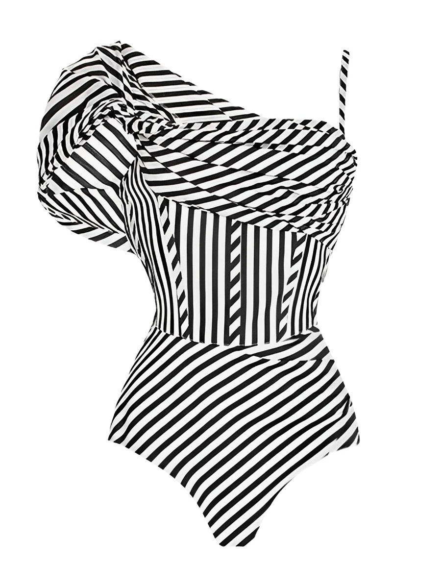 2026 Women One Piece Stripe Shoulder Asymmetric Swimsuit Sexy Swimwear Female Beachwear Bathers Bathing Swimming Swim Suit